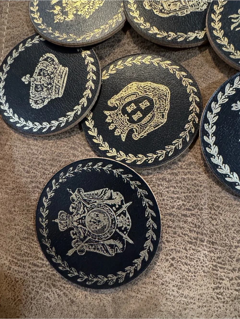 Decorative Black and Gold Leather Coasters - Set of 8